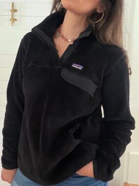 Patagonia Re-Tool Snap-T Pullover Black Sherpa Teddy Jacket with Pocket - Large